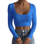 Women's Square Neck Long Sleeve Ribbed Slim Fitted Casual Basic Crop Top Blue S