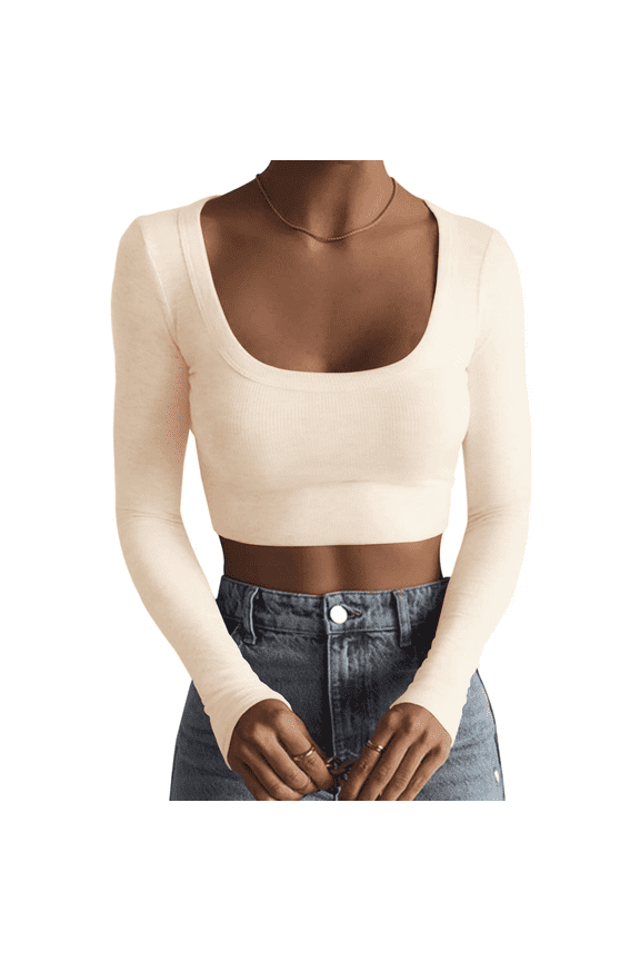 Women's Square Neck Long Sleeve Ribbed Slim Fitted Casual Basic Crop Top Cream M