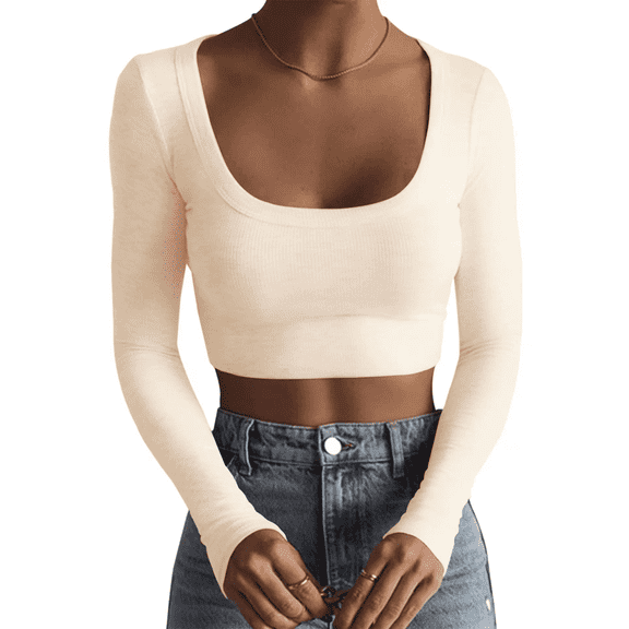 Women's Square Neck Long Sleeve Ribbed Slim Fitted Casual Basic Crop Top Cream S