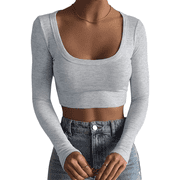 Womens Square Neck Long Sleeve Ribbed Slim Fitted Casual Basic Crop Top Grey S
