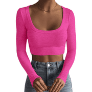 Womens Square Neck Long Sleeve Ribbed Slim Fitted Casual Basic Crop Top Hot Pink S