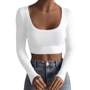 Women's Square Neck Long Sleeve Ribbed Slim Fitted Casual Basic Crop Top White M