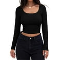 thumbnail image 1 of Women's Square Neck Long Sleeve Slim Fitted Casual Long Sleeve Shirts Basic Crop Top 2024 Trendy Clothes, 1 of 6
