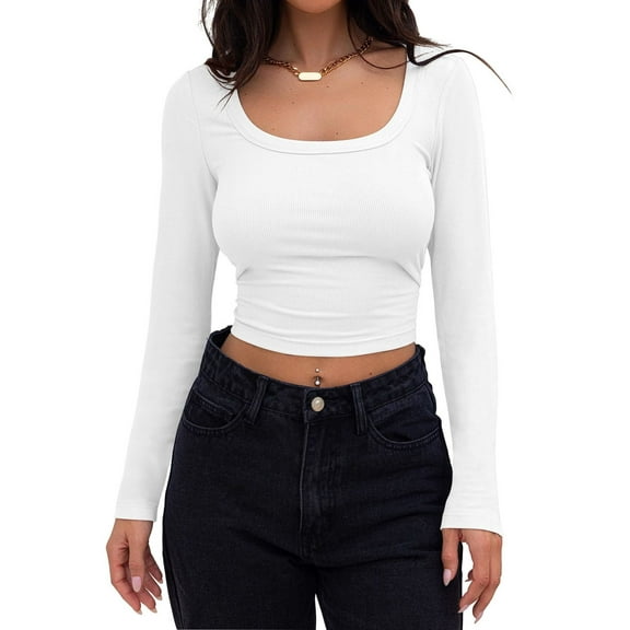 Women's Square Neck Long Sleeve Slim Fitted Casual Long Sleeve Shirts Basic Crop Top 2024 Trendy Clothes