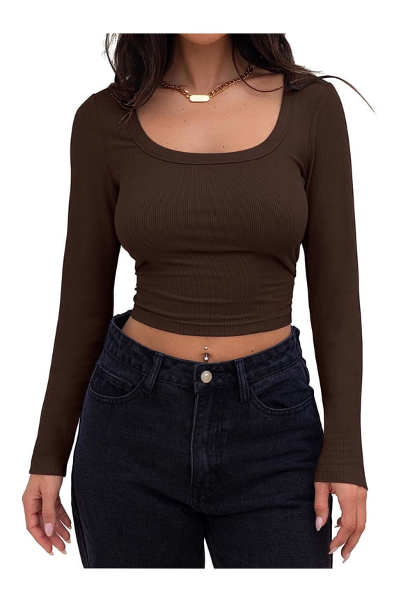 Women's Square Neck Long Sleeve Slim Fitted Casual Long Sleeve Shirts Basic Crop Top 2024 Trendy Clothes