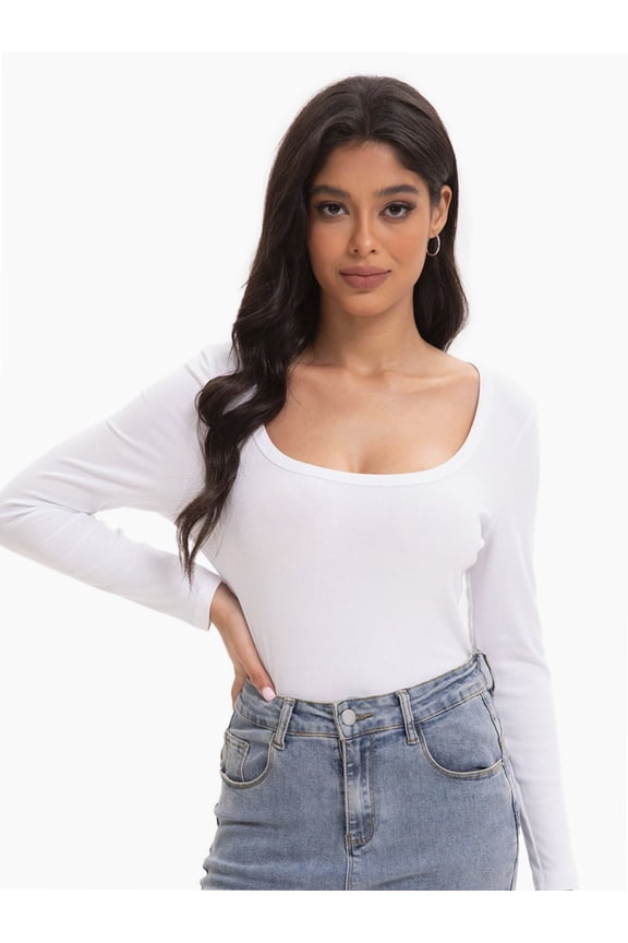 Women's Square Neck Long Sleeve Slim Fitted Casual Long Sleeve Shirts Basic Crop Top Trendy Clothes