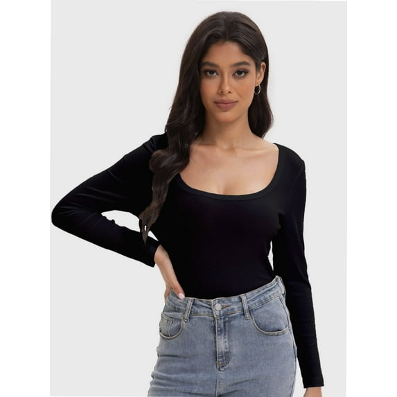 Women's Square Neck Long Sleeve Slim Fitted Casual Long Sleeve Shirts Basic Crop Top Trendy Clothes