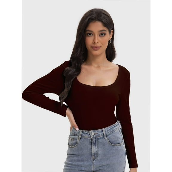 Women's Square Neck Long Sleeve Slim Fitted Casual Long Sleeve Shirts Basic Crop Top Trendy Clothes