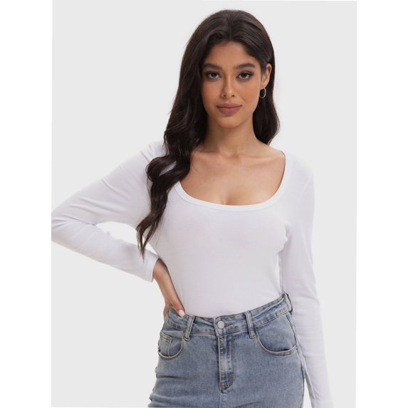 Women's Square Neck Long Sleeve Slim Fitted Casual Long Sleeve Shirts Basic Crop Top Trendy Clothes