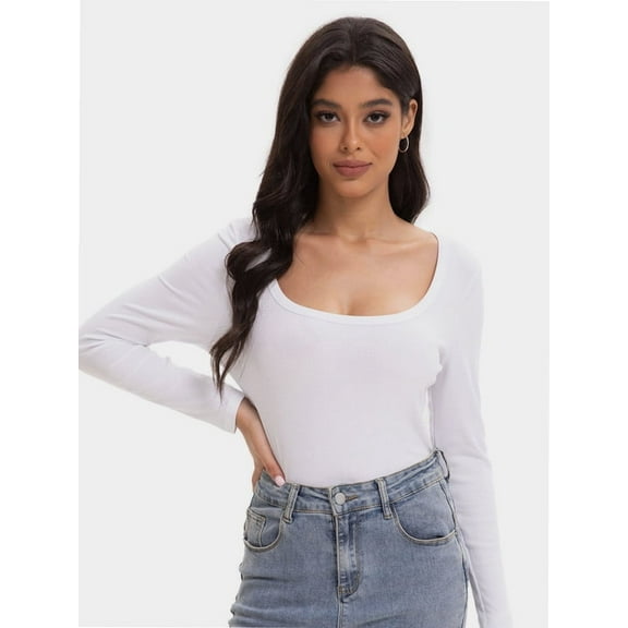 Women's Square Neck Long Sleeve Slim Fitted Casual Long Sleeve Shirts Basic Crop Top Trendy Clothes