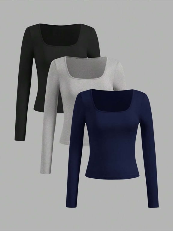 Women's Square Neck Long Sleeve T-Shirts, Plus Size Slim Fit Basic Top