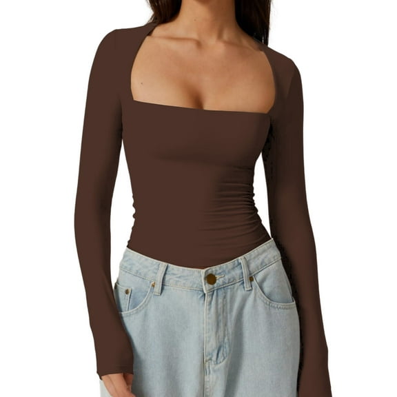 Women's Square Neck Long Sleeve T Shirts Slim Fit Tops Basic Tee