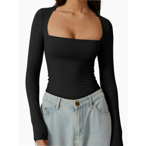 Women's Square Neck Long Sleeve T Shirts Slim Fit Tops Basic Tee