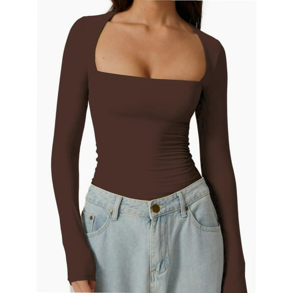 Women's Square Neck Long Sleeve T Shirts Slim Fit Tops Basic Tee
