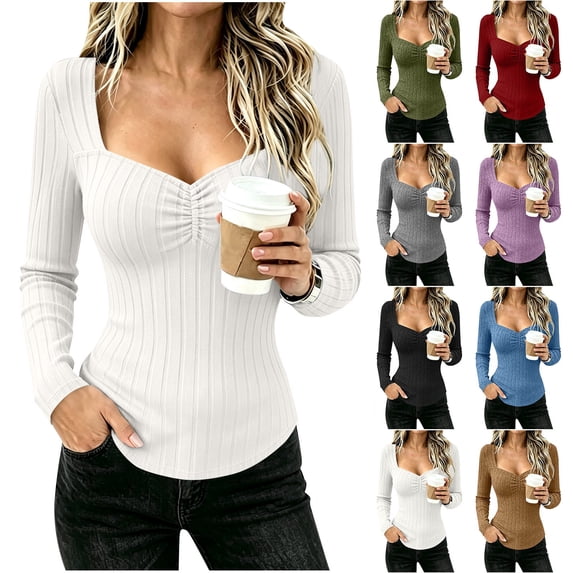 Women's Square Neck Long Sleeve Tops, Ruched Front Ribbed Knit Fitted Casual Shirts,M,Women's Plus Size