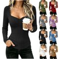 thumbnail image 1 of Women's Square Neck Long Sleeve Tops, Ruched Front Ribbed Knit Fitted Casual Shirts,XL,Women's Plus Size, 1 of 8