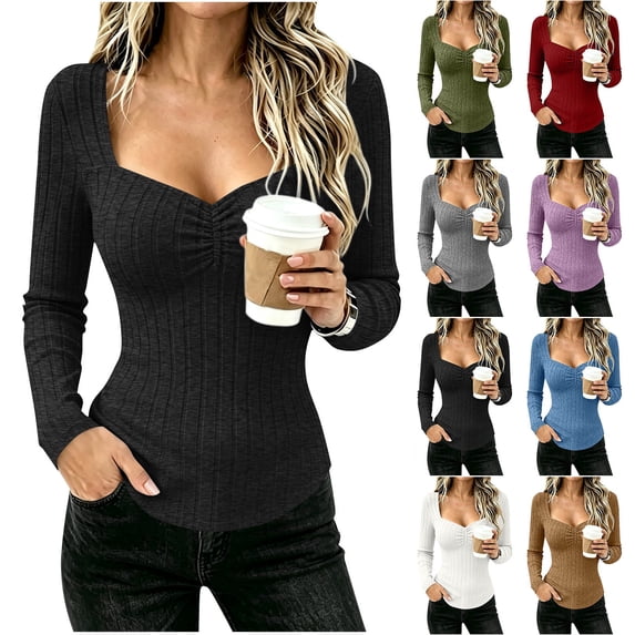Women's Square Neck Long Sleeve Tops, Ruched Front Ribbed Knit Fitted Casual Shirts,XL,Women's Plus Size