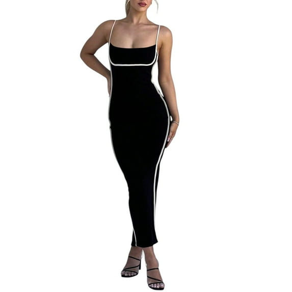 Women’s Square Neck Maxi Bodycon Dress – Sleeveless Contrast Binding Split Cocktail Party Clubwear Evening Gown