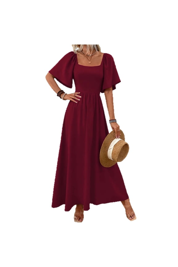 Women's Square Neck Maxi Dress, Flutter Short Sleeve Flowy A-Line Casual Long Dress