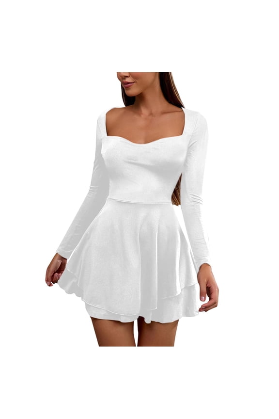 Women's Square Neck Mini Dress Long Sleeve Ruffle Hem Corset Ruched Date Night Dress Short Party Cocktail Dresses
