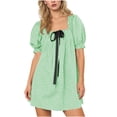 thumbnail image 1 of Women's Square Neck Mini Dress Plaid Short Puff Sleeve Dress Bow-Knot Decor Y2K Trendy Casual Short Dress,S,Green, 1 of 6