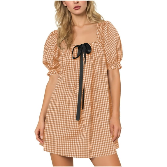 Women's Square Neck Mini Dress Plaid Short Puff Sleeve Dress Bow-Knot Decor Y2K Trendy Casual Short Dress,XL,Khaki
