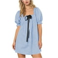thumbnail image 1 of Women's Square Neck Mini Dress Plaid Short Puff Sleeve Dress Bow-Knot Decor Y2K Trendy Casual Short Dress,XXL,Light Blue, 1 of 6