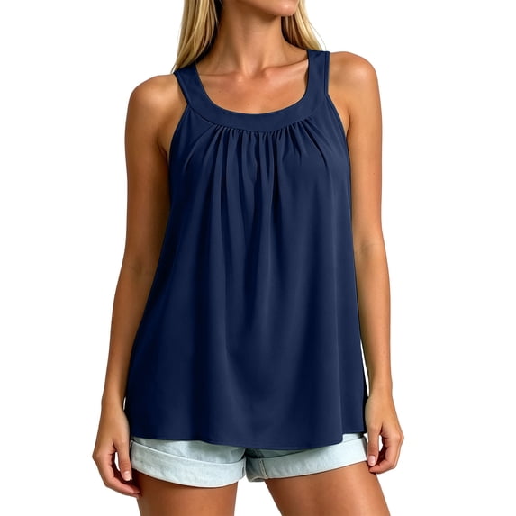 Women's Square Neck Pleated Sleeveless Tank Tops with Built in Bra Loose Flowy Beach Tank Shirts Lightweight Casual Summer Cami Blouses Dark Blue