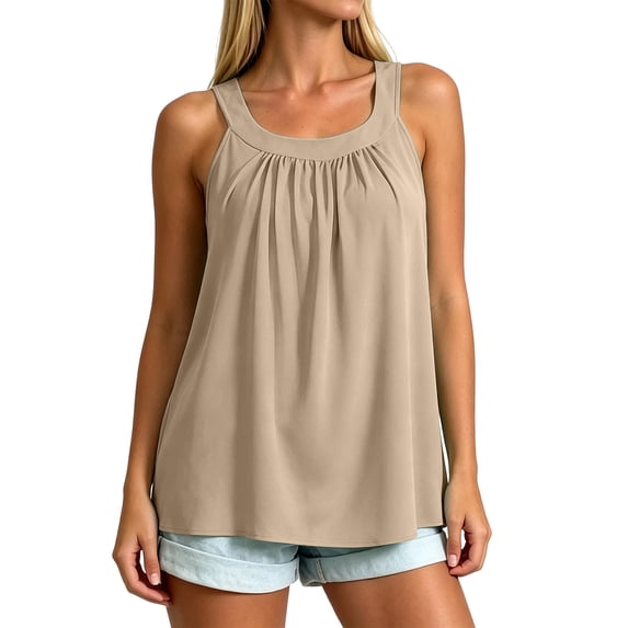 Women's Square Neck Pleated Sleeveless Tank Tops with Built in Bra Loose Flowy Beach Tank Shirts Lightweight Casual Summer Cami Blouses Khaki