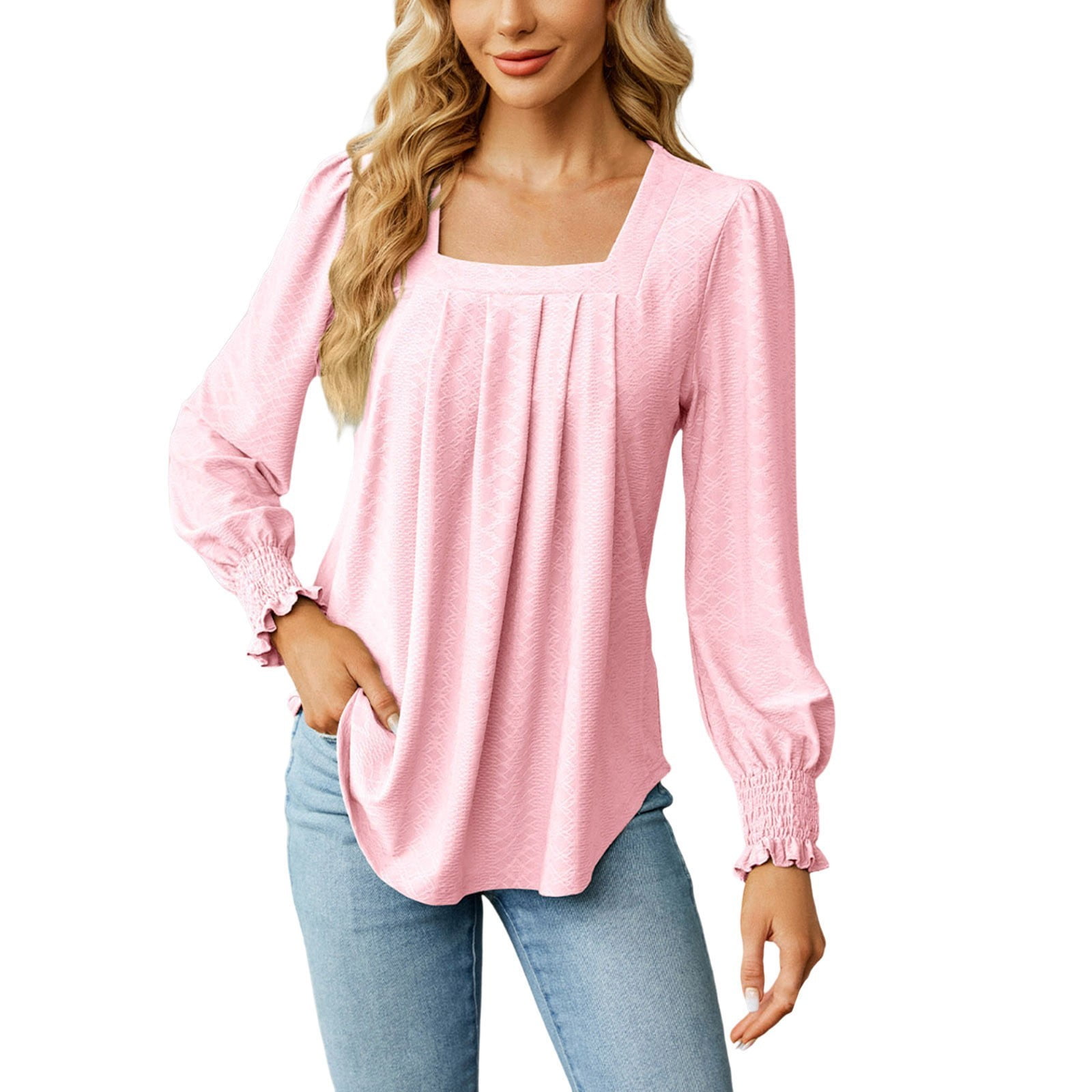 Women's Square Neck Puff Sleeve Blouse - Pleated Front Casual Top