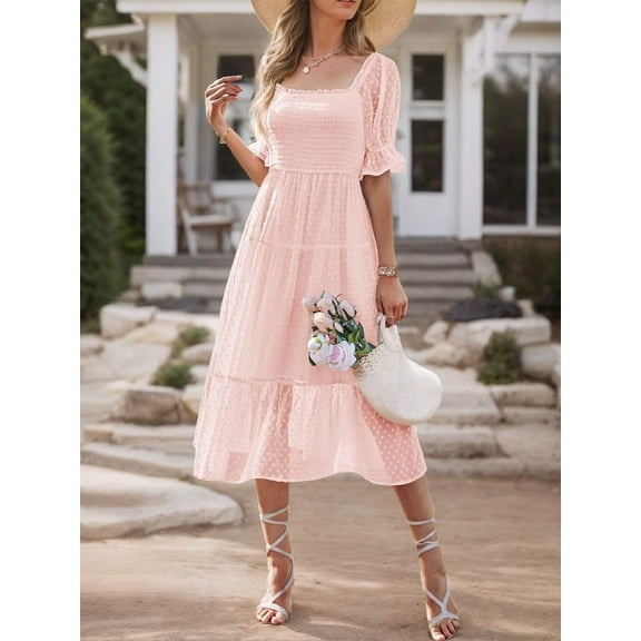 Women's Square Neck Puff Sleeve Boho Midi Dress Swiss Dot Ruffle Tie Back Dress