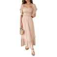 thumbnail image 1 of Women's Square Neck Puff Sleeve Maxi Dress with Ruffle Trim and Zipper 75% viscose 25% polyamide Imported In Stock, 1 of 10