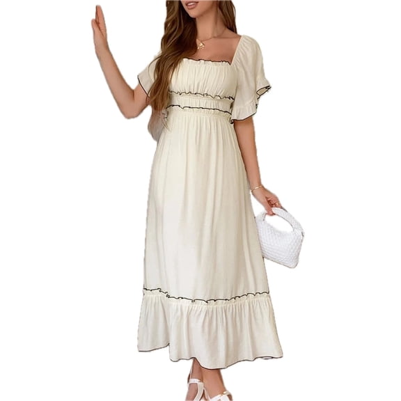 Women's Square Neck Puff Sleeve Maxi Dress with Ruffle Trim and Zipper 75% viscose 25% polyamide Imported In Stock