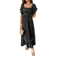 thumbnail image 1 of Women's Square Neck Puff Sleeve Maxi Dress with Ruffle Trim and Zipper 75% viscose 25% polyamide Imported In Stock, 1 of 10