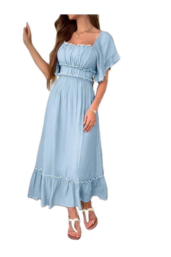 Women's Square Neck Puff Sleeve Maxi Dress with Ruffle Trim and Zipper 75% viscose 25% polyamide Imported In Stock