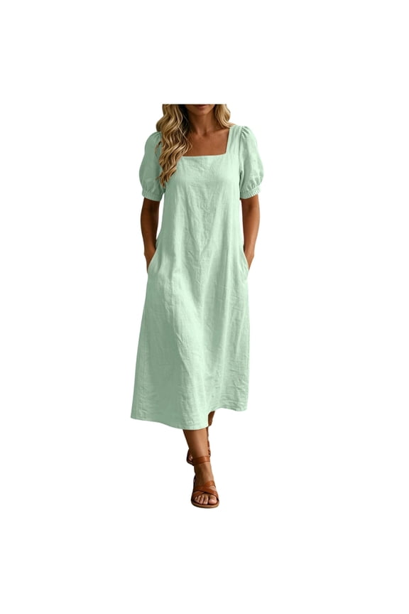 Women's Square Neck Puff Sleeve Midi Dress Casual Loose Maternity Flowy Long Dresses Daily Sundress with Pockets