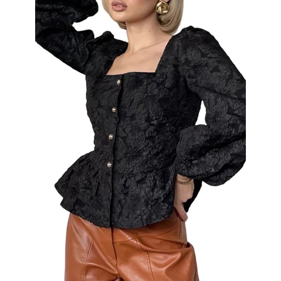 Women's Square Neck Puff Sleeve Textured Peplum Blouse Black L