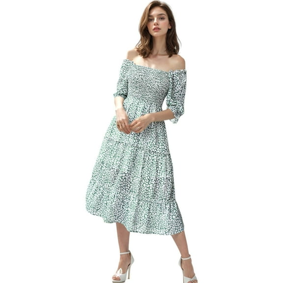 Women's Square Neck Puffed Short Sleeve Leopard Print Tiered Midi Dress - Large, Green