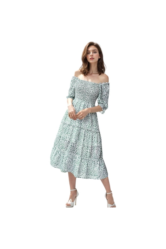 Women's Square Neck Puffed Short Sleeve Leopard Print Tiered Midi Dress - Large, Green