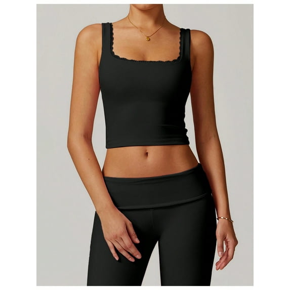 Women's Square Neck Ribbed Crop Tank Top with Wide Straps - Large, Black