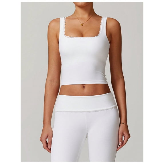 Women's Square Neck Ribbed Crop Tank Top with Wide Straps - Large, White