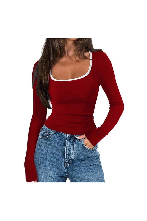Women's Square Neck Ribbed Knit Basic Tops Trendy Color Block Long Sleeve Shirts Spring Fall Slim T-Shirt 2026