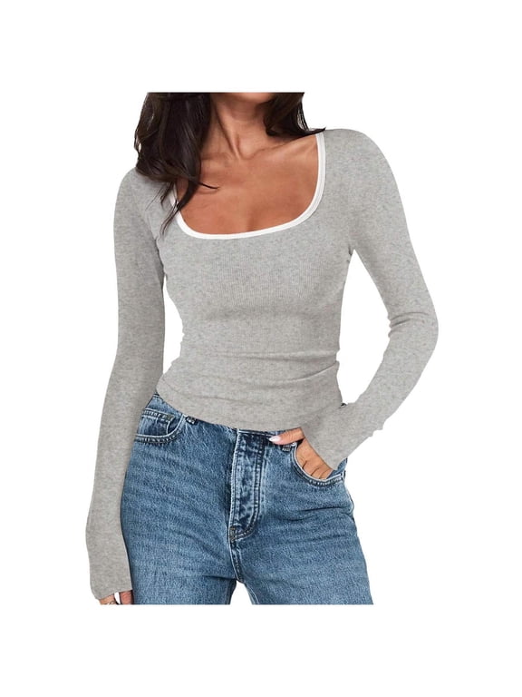 Women's Square Neck Ribbed Knit Basic Tops Trendy Color Block Long Sleeve Shirts Spring Fall Slim T-Shirt 2026