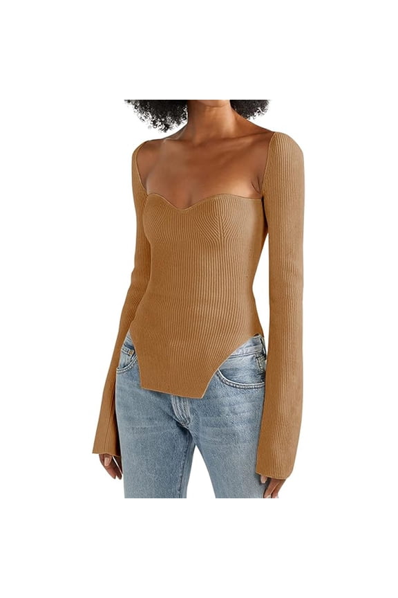 Women's Square Neck Ribbed Knitted Sweater Long Sleeve Crop Slim Fitted Basic Pullover Tops