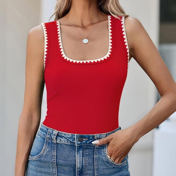 Women's Square Neck Ribbed Tank Tops 2026 Summer Sleeveless Color Block Shirts Casual Slim Fitted Basic Tees Red L