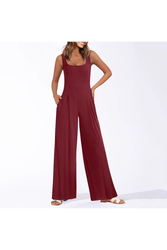 Women's Square Neck Ribbed Wide Leg Jumpsuit Sleeveless High Waist Pants Rompers With Pockets 2024 Dressy Pant Suits for Wedding Eyelet Jumpsuit Overall Shorts for Women Loose Womens Jumpsuits And