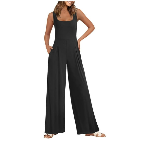 Women's Square Neck Ribbed Wide Leg Jumpsuit Sleeveless High Waist Pants Rompers With Pockets 2024