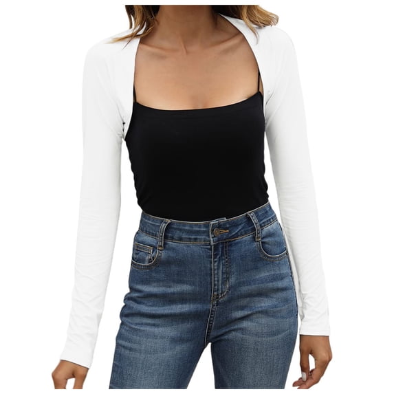Women's Square Neck Ruched Long Sleeve Cropped Cardigan Double Lined Open Front Shrug Bolero Tops for Going Out