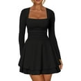 thumbnail image 1 of Women's Square Neck Ruffle Hem Mini Dress Ruched Waist Long Sleeve Short Party Dresses, 1 of 7