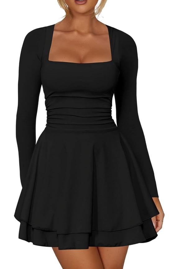 Women's Square Neck Ruffle Hem Mini Dress Ruched Waist Long Sleeve Short Party Dresses